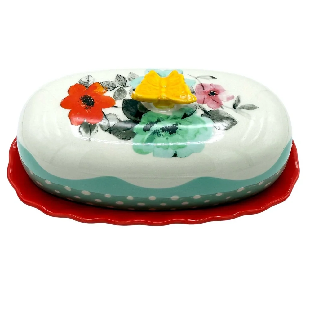 The Pioneer Woman Flea Market Floral Butter Dish Butterfly Red Turquoise 6.5